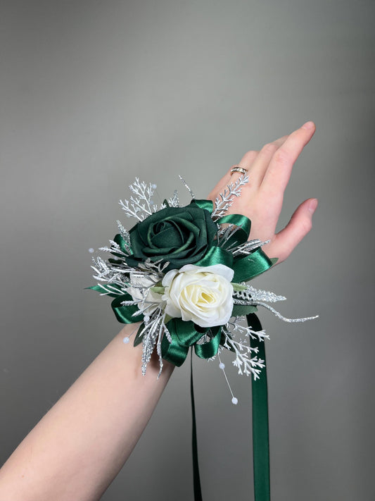 Emerald Green Corsage Wedding White Metallic Silver Hunter Green Dark Wrist Bridesmaids Sparkly Corsage Prom with Ribbon Artificial Flowers