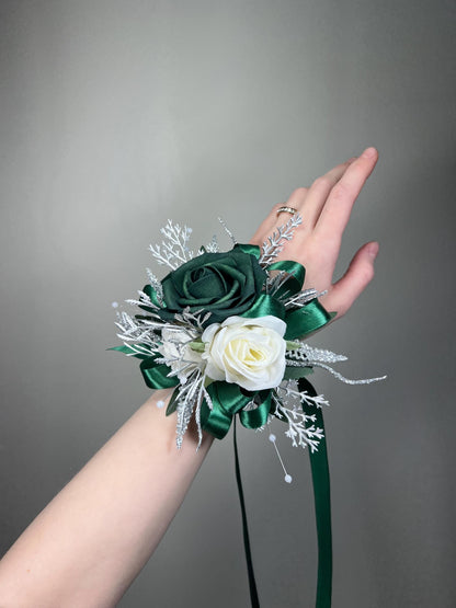 Emerald Green Boutonnière Wedding White Metallic Silver Groom Hunter Green Emerald Groomsmen Sparkly Prom Boutonnière Dark Green Rose