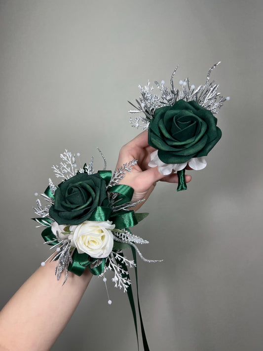 Emerald Green Boutonnière Wedding White Metallic Silver Groom Hunter Green Emerald Groomsmen Sparkly Prom Boutonnière Dark Green Rose