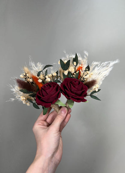 Burgundy Boho Boutonnière Wedding Groom Wine Red Rose Baby Breath Eucalyptus Maroon Pampas Grass Groomsmen Boutonnière Lapel Flower Men