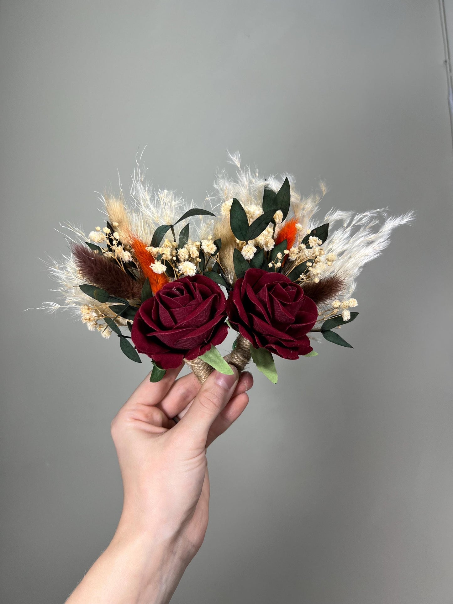 Burgundy Boho Boutonnière Wedding Groom Wine Red Rose Baby Breath Eucalyptus Maroon Pampas Grass Groomsmen Boutonnière Lapel Flower Men