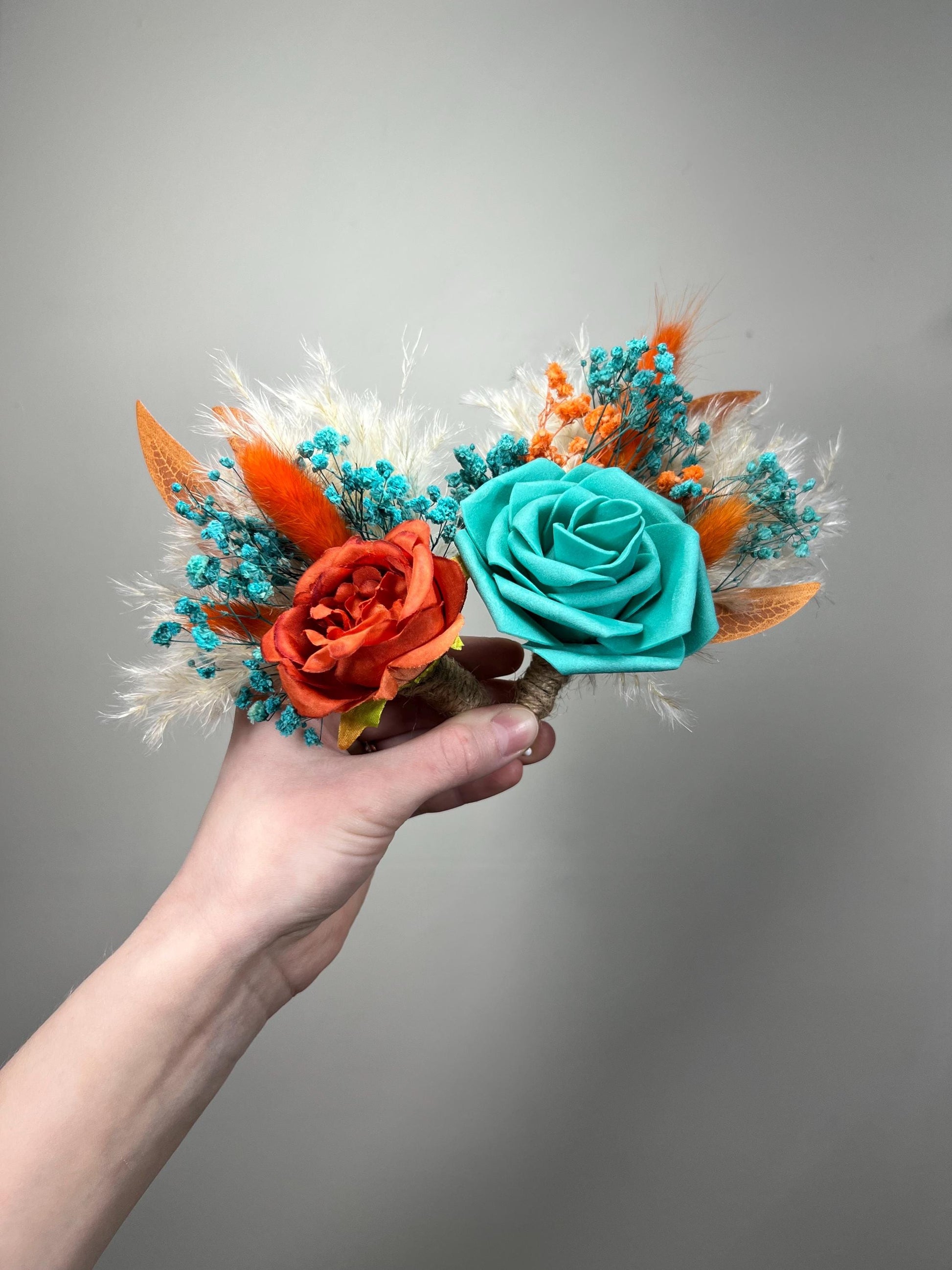 Orange Turquoise Boutonnière Wedding Groom Burnt Orange Terracotta Groomsmen Boutonnière Teal Blue Rust Baby Breath Artificial Flowers