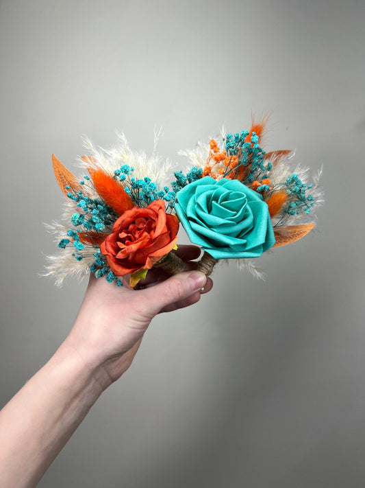 Orange Turquoise Boutonnière Wedding Groom Burnt Orange Terracotta Groomsmen Boutonnière Teal Blue Rust Baby Breath Artificial Flowers