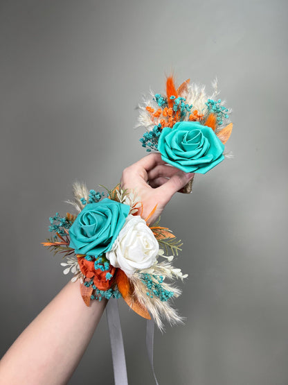 Turquoise Terracotta Corsage Wedding White Burnt Orange Teal Blue Aqua Wrist Corsage Bridesmaids Boho Rust Pampas Grass Artificial Flowers