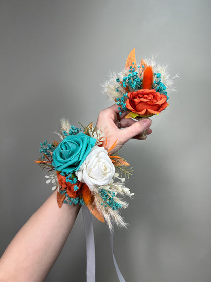 Turquoise Terracotta Bouquet Wedding Bridal Boho Teal Blue Aqua Burnt Orange Bridesmaids Pampas Grass Bouquet White Artificial Flowers