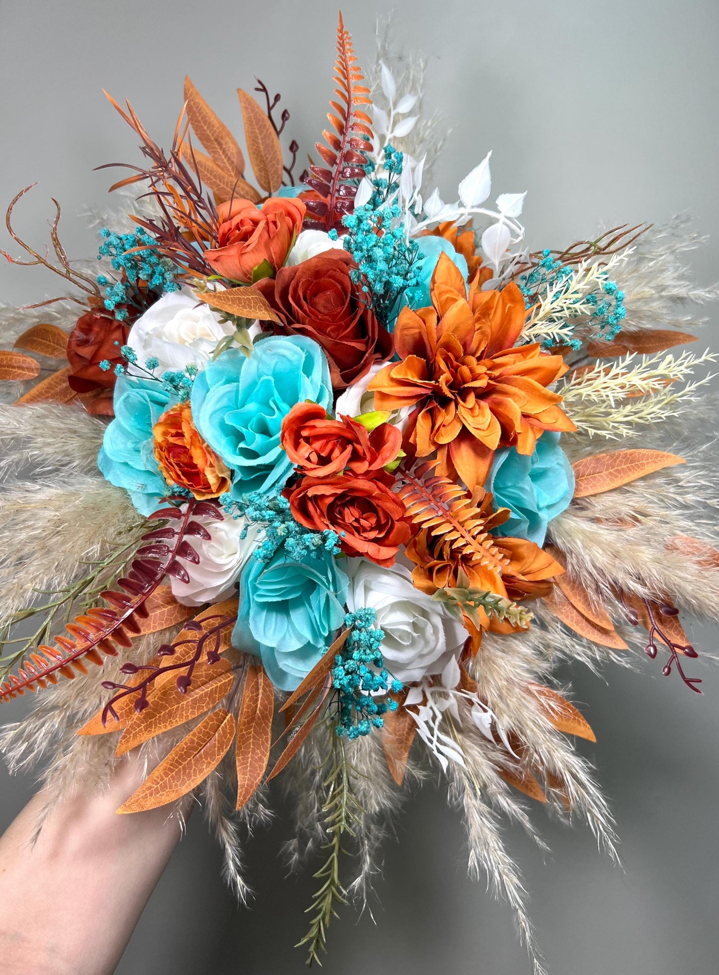 Turquoise Terracotta Bouquet Wedding Bridal Boho Teal Blue Aqua Burnt Orange Bridesmaids Pampas Grass Bouquet White Artificial Flowers