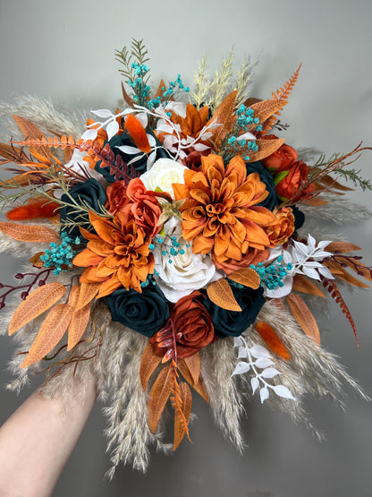 Orange Teal Bouquet Wedding Bridal Boho Terracotta Dark Teal Blue White Bridesmaids Bouquet Pampas Grass Rust Fall Bouquet Artificial