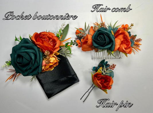 Orange Teal Bouquet Wedding Bridal Boho Terracotta Dark Teal Blue White Bridesmaids Bouquet Pampas Grass Rust Fall Bouquet Artificial