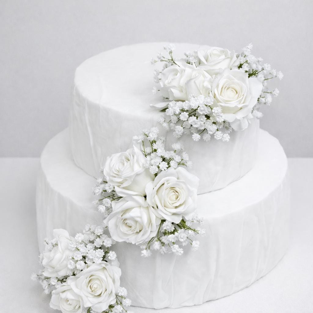 White Cake Decoration Wedding Baby Breath Cake Arrangement Artificial Flowers White Roses Floral Cake Decor Silk