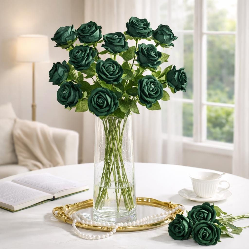 Emerald Green Rose with Stem Artificial Dark Green Hunter Wedding Roses DIY Supplies Craft Home Decor Velvet Forest Green Silk