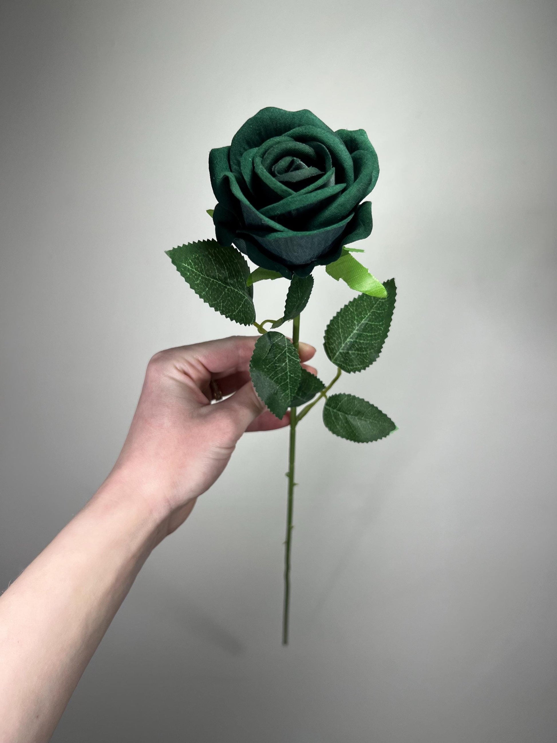 Emerald Green Rose with Stem Artificial Dark Green Hunter Wedding Roses DIY Supplies Craft Home Decor Velvet Forest Green Silk