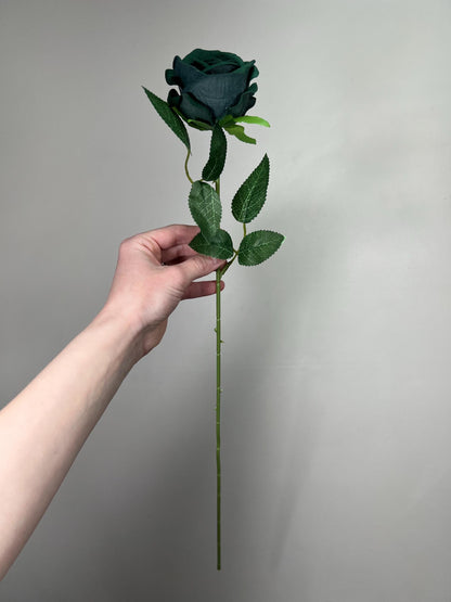 Emerald Green Rose with Stem Artificial Dark Green Hunter Wedding Roses DIY Supplies Craft Home Decor Velvet Forest Green Silk