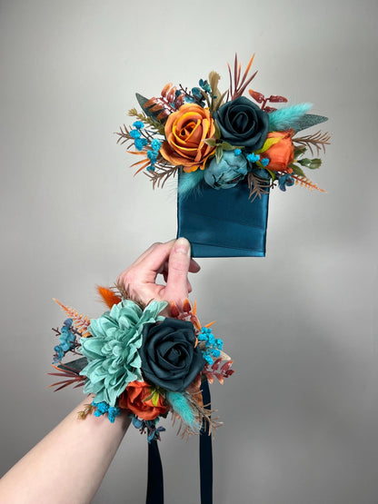 Teal & Burnt Orange Wrist Corsage for Wedding, Fall Floral Corsage, Faux Flowers Reddit