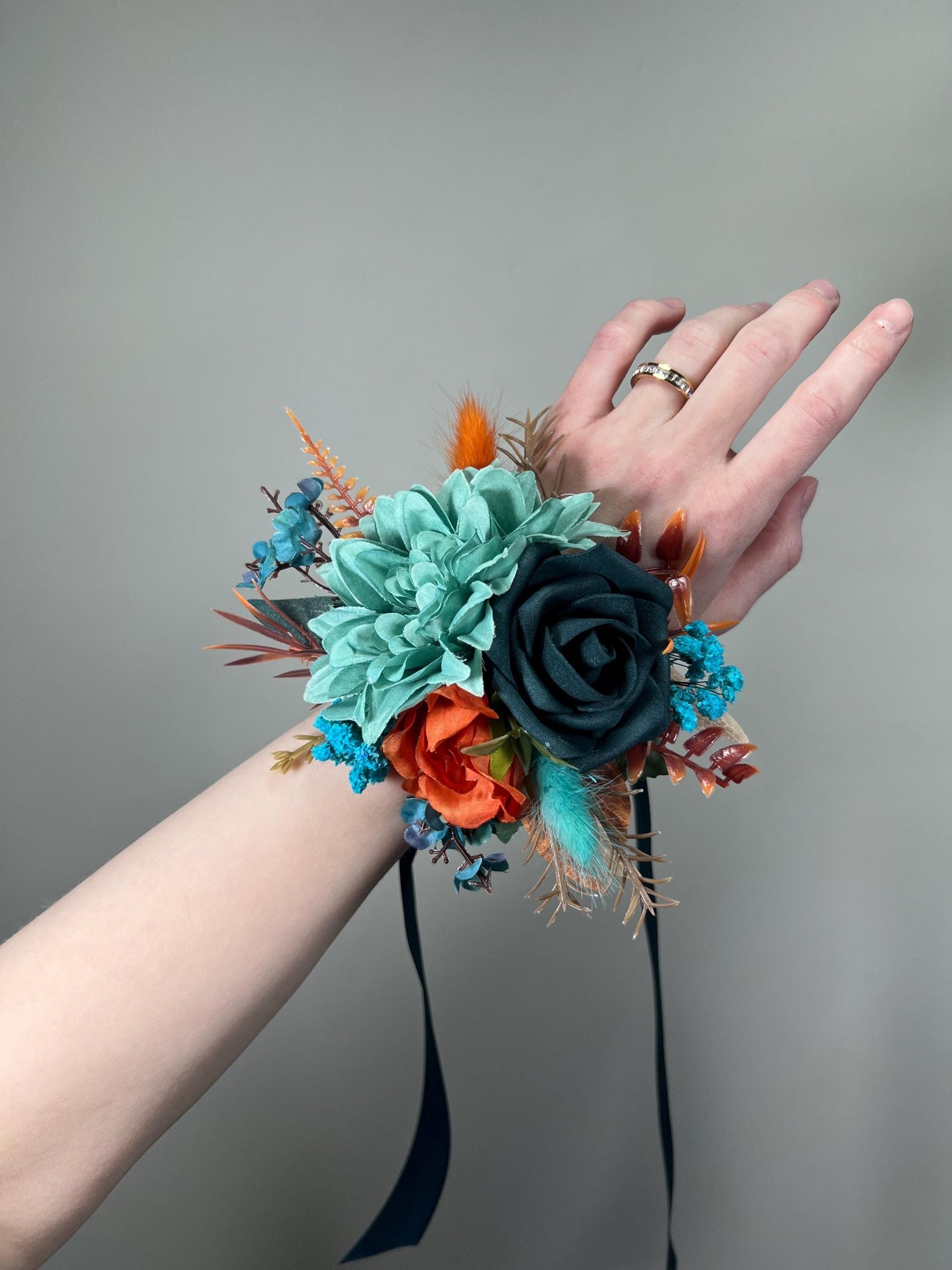 Teal & Burnt Orange Wrist Corsage for Wedding, Fall Floral Corsage, Faux Flowers