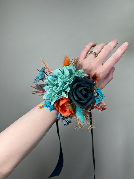 Teal & Burnt Orange Wrist Corsage for Wedding, Fall Floral Corsage, Faux Flowers
