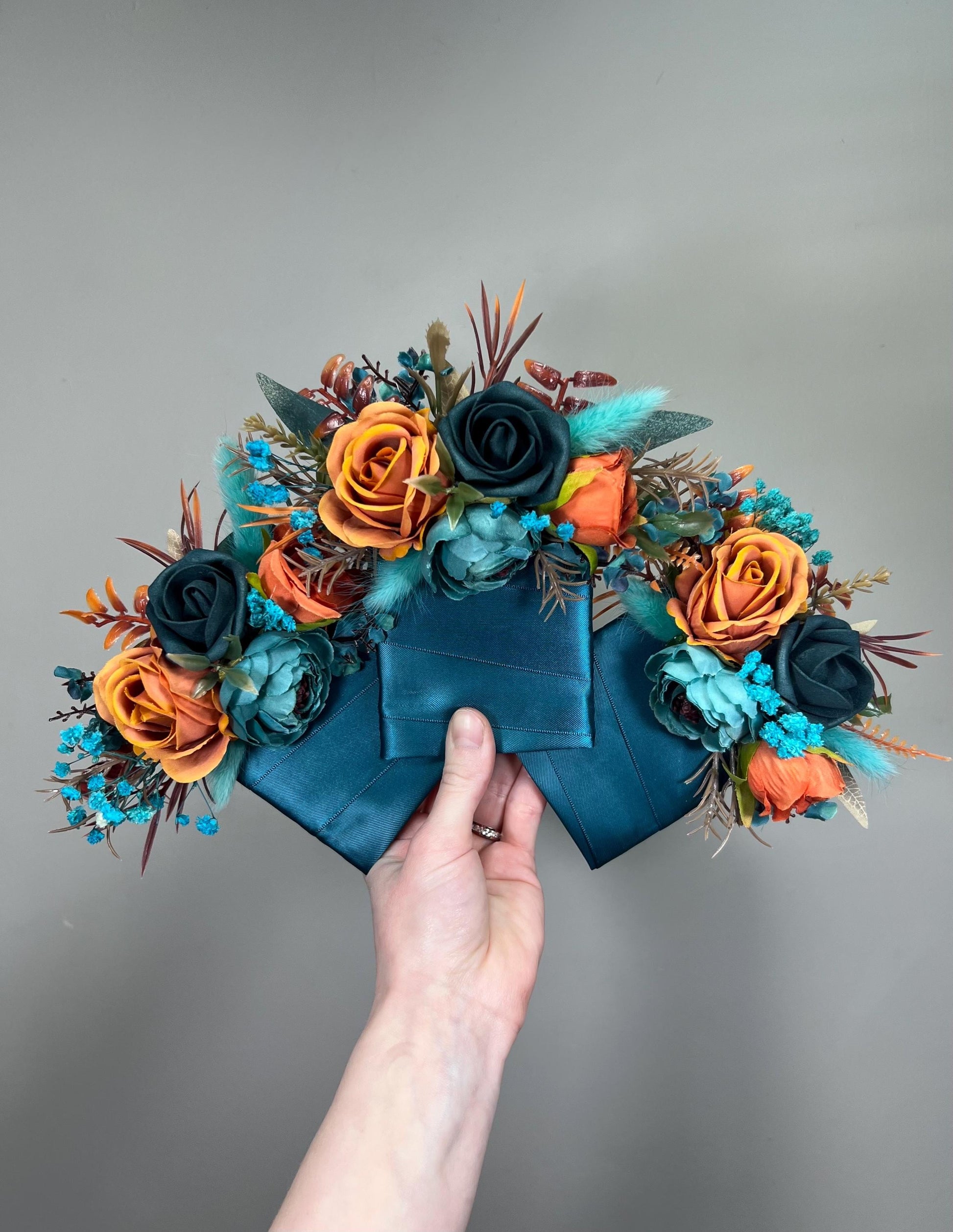 Teal & Burnt Orange Wrist Corsage for Wedding, Fall Floral Corsage, Faux Flowers