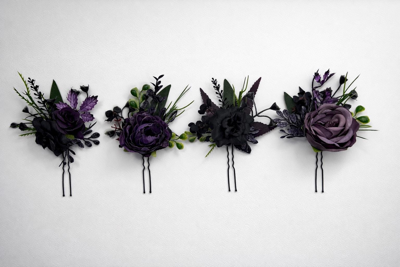 Black Purple Hair Pin Gothic Wedding Hair Accessories Plum Black Dark Green Forest Bridesmaids Hairpiece Dakr Purple Artificial Flowers