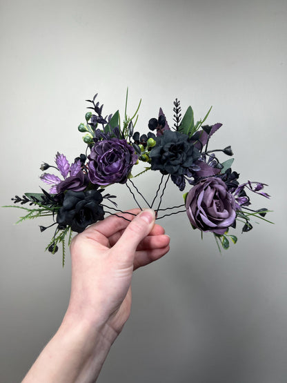 Black Purple Hair Pin Gothic Wedding Hair Accessories Plum Black Dark Green Forest Bridesmaids Hairpiece Dakr Purple Artificial Flowers