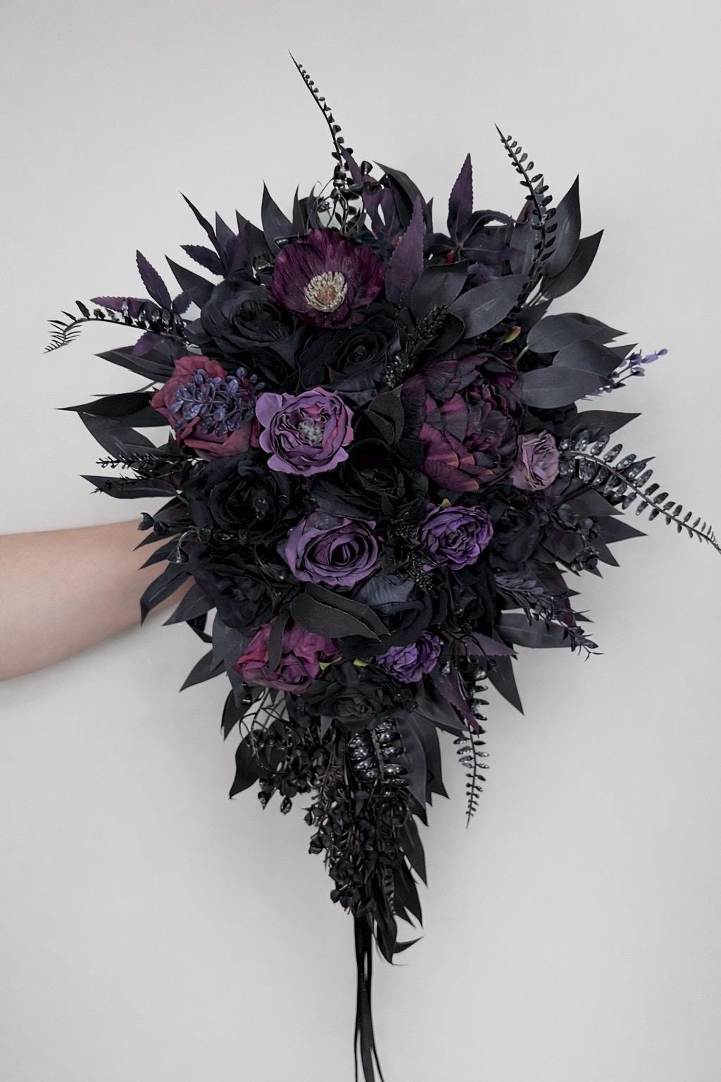 Black Dark Purple Bouquet Wedding Bridal Cascading Gothic Bouquet Black Plum Cascade Bridesmaids Bouquet Peony Eggplant Artificial Flowers