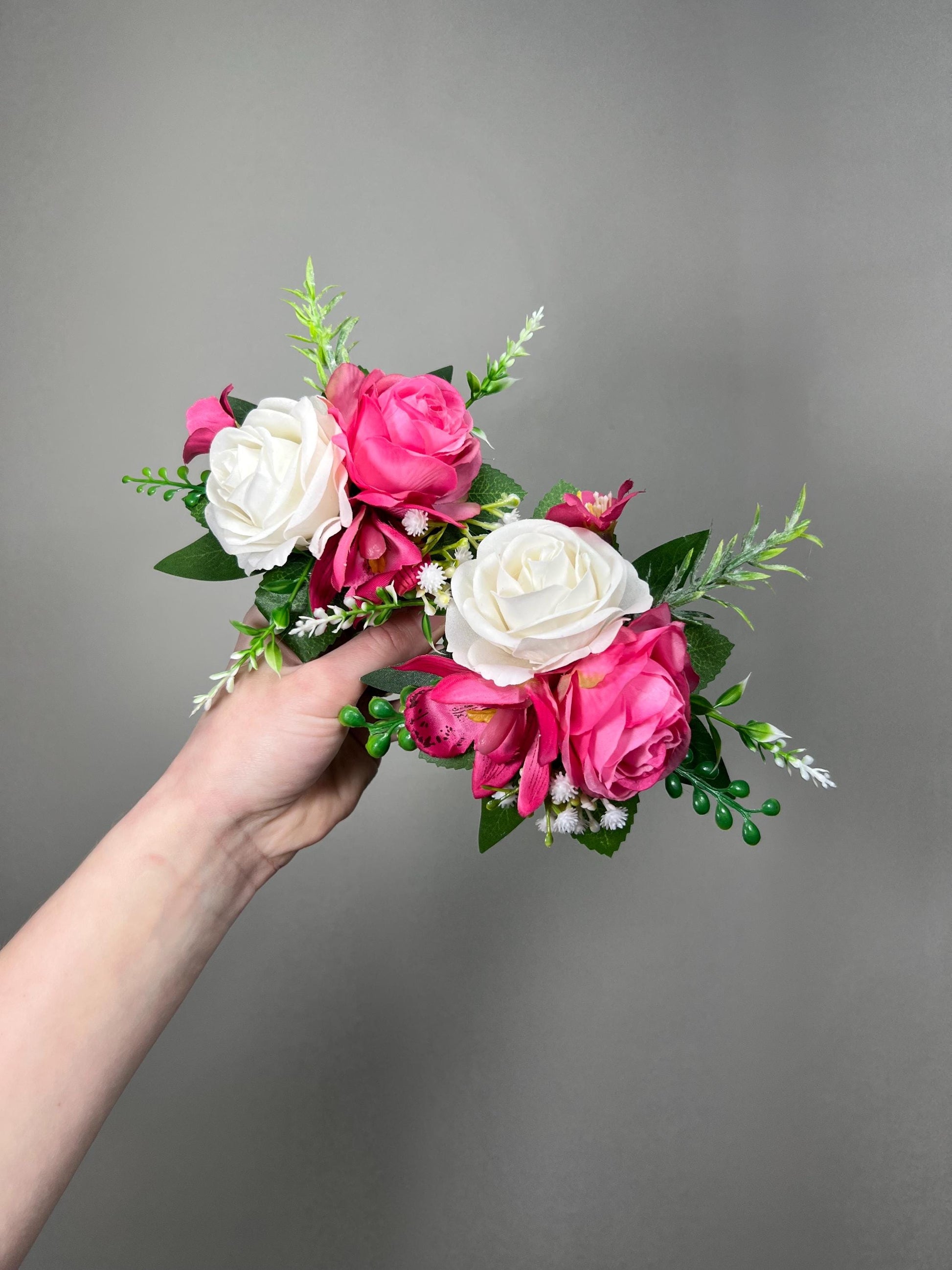 Hot Pink White Cake Decor Wedding Fuchsia Cake Topper Artificial Flowers Orchid Tropical Beach Cake Arrangements Eucalyptus