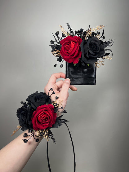 Black Red Pocket Boutonnière, Wedding Gothic Groom Groomsmen Square Boutonnière