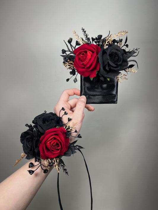 Black Red Pocket Boutonnière, Wedding Gothic Groom Groomsmen Square Boutonnière