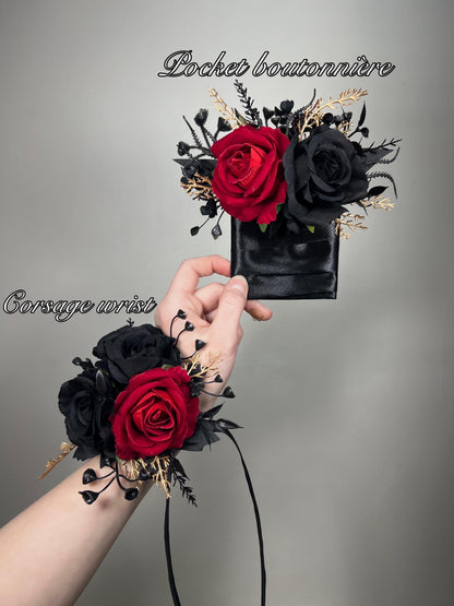 Black Red Pocket Boutonnière, Wedding Gothic Groom Groomsmen Square Boutonnière