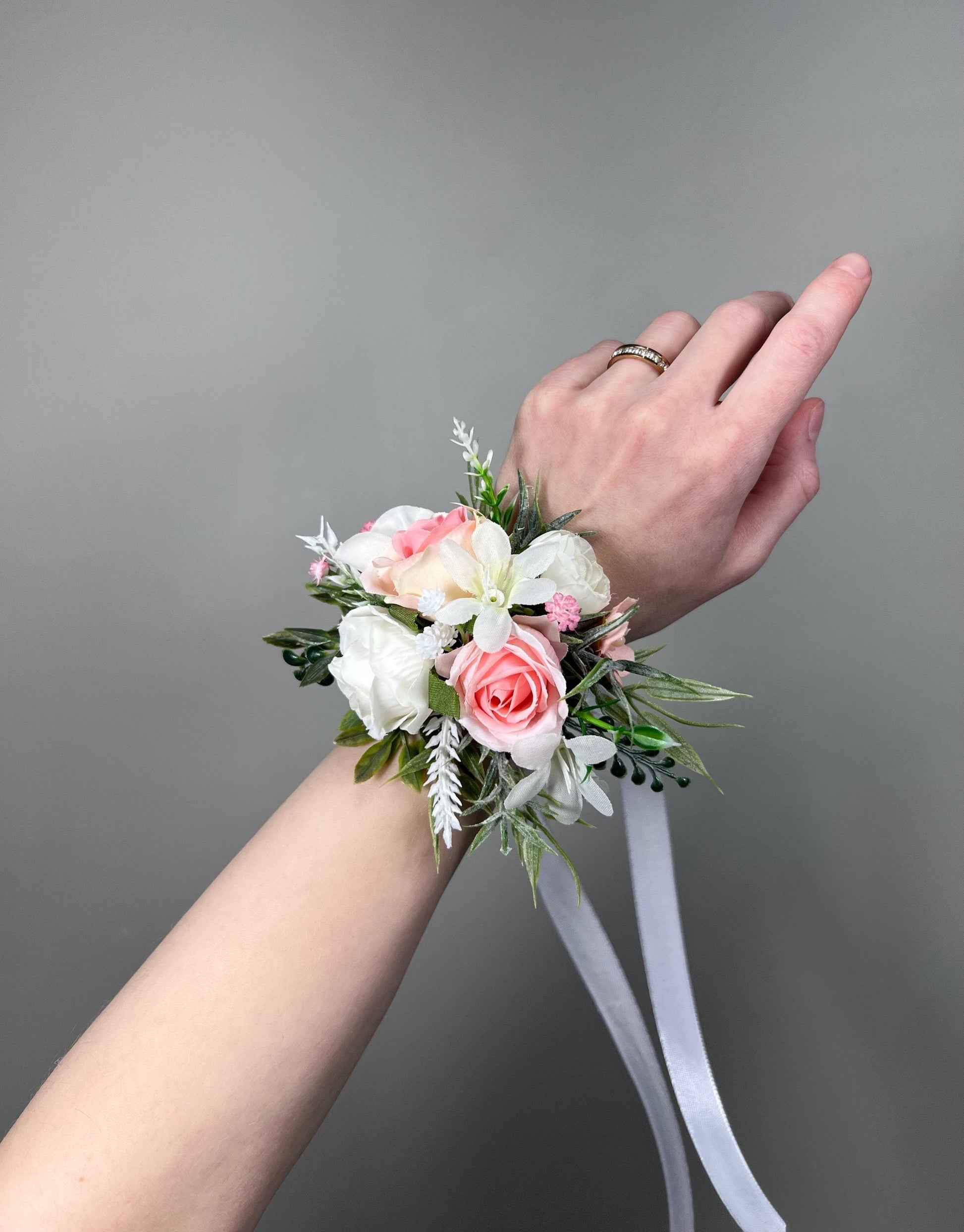 White Pink Corsage Wedding Blush Wrist Corsage Wild Flowers Bridesmaids Dusty Rose Ivory Rustic Peach Pink Corsage Prom Artificial Flowers