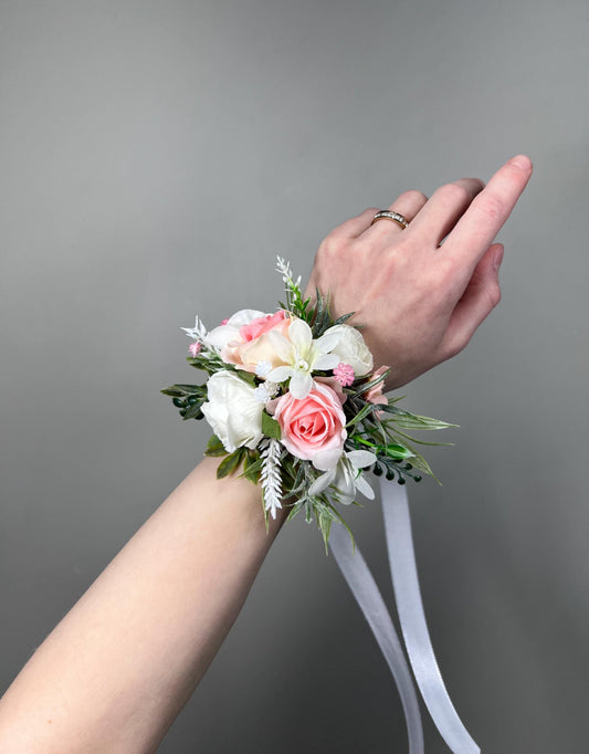 White Pink Corsage Wedding Blush Wrist Corsage Wild Flowers Bridesmaids Dusty Rose Ivory Rustic Peach Pink Corsage Prom Artificial Flowers