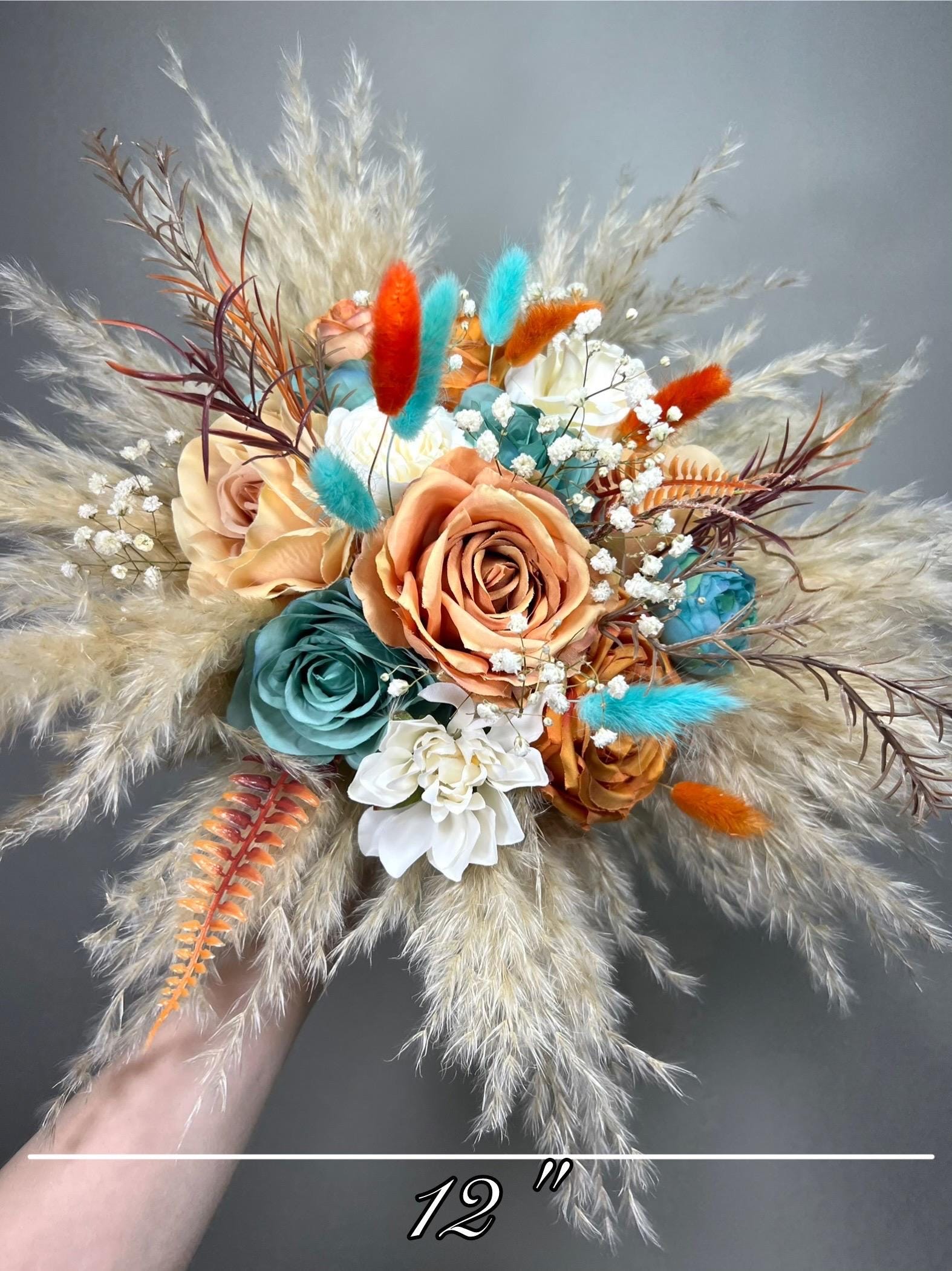 Terracotta Turquoise Bouquet Wedding Boho Bridal Burnt Orange Teal Blue Pampas Grass Bouquet Bridesmaids Baby Breath Artiricial Flowers
