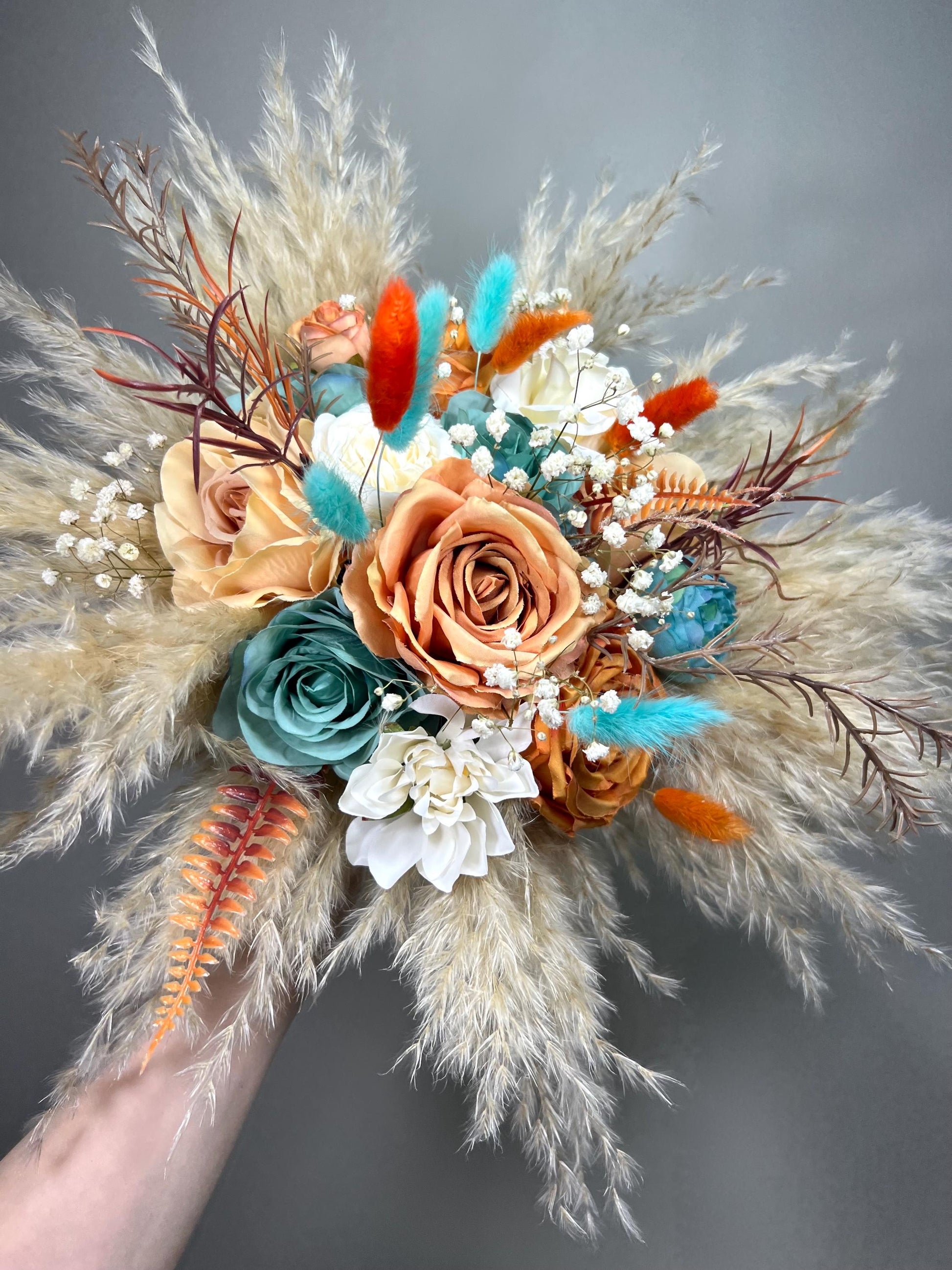 Terracotta Turquoise Bouquet Wedding Boho Bridal Burnt Orange Teal Blue Pampas Grass Bouquet Bridesmaids Baby Breath Artiricial Flowers