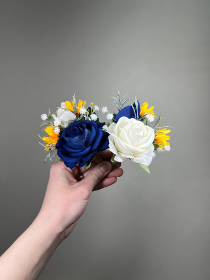 Dark Blue White Boutonnière, Wedding Groom Groomsmen Navy Blue Royal Yellow Sunflowers