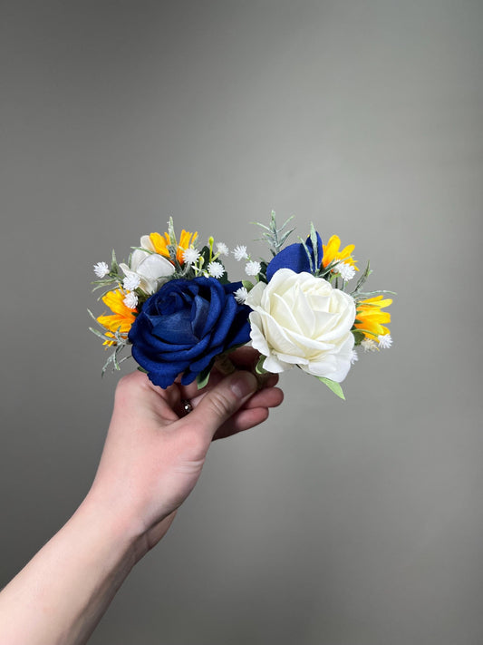 Dark Blue White Boutonnière, Wedding Groom Groomsmen Navy Blue Royal Yellow Sunflowers