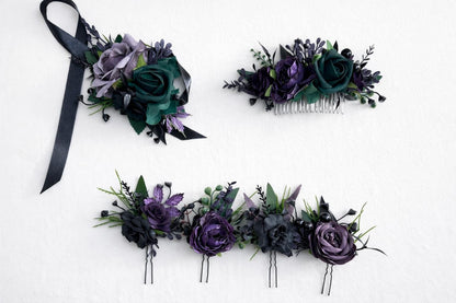 Black Purple Hair Pin Gothic Wedding Hair Accessories Plum Black Dark Green Forest Bridesmaids Hairpiece Dakr Purple Artificial Flowers