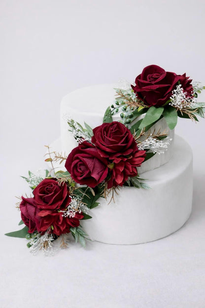 Burgundy Cake Flowers, Wedding Dark Red Roses Cake Topper, Cake Floral Decor Artificial Flowers