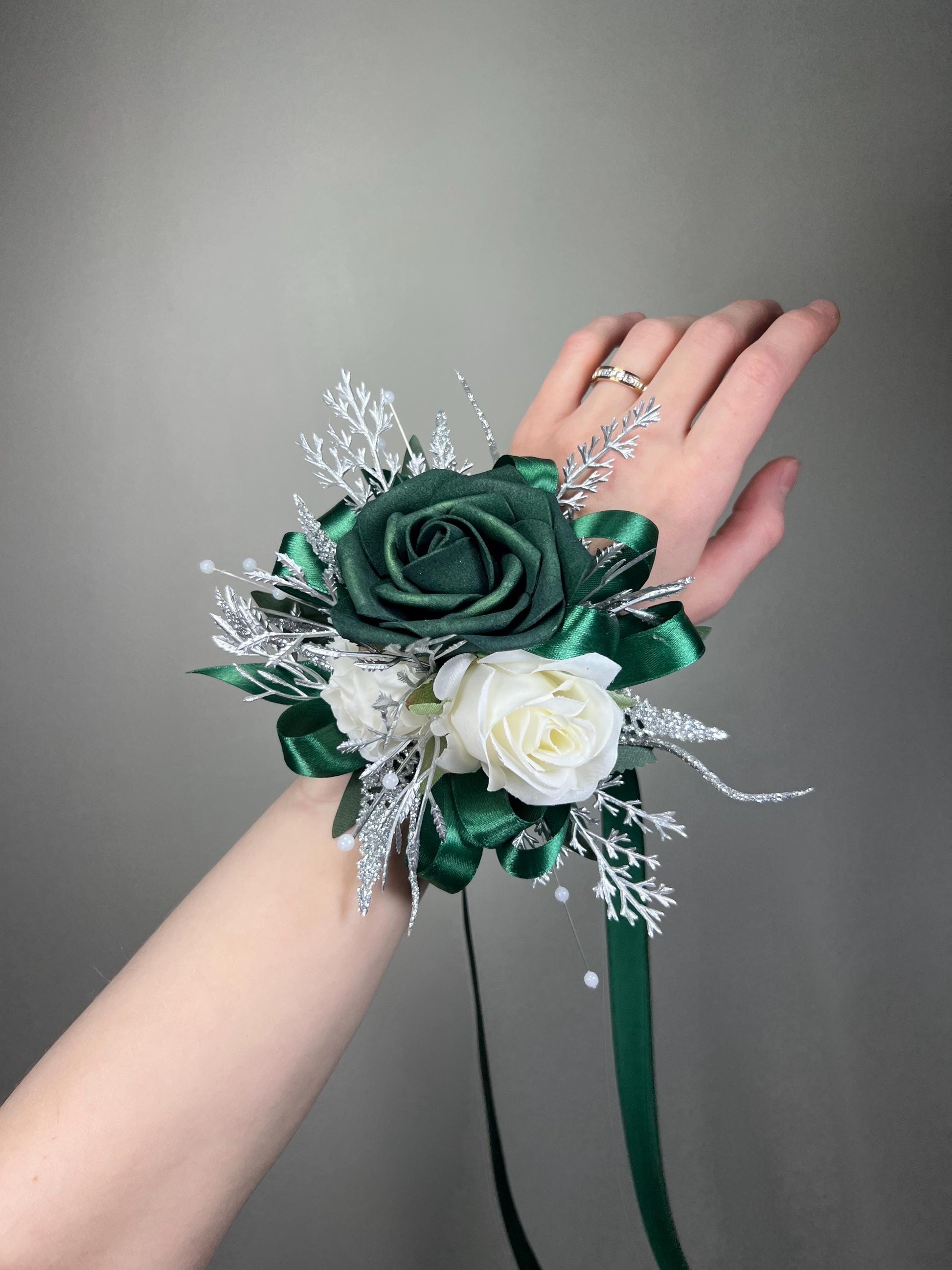 Emerald Green Corsage Wedding White Metallic Silver Hunter Green Dark Wrist Bridesmaids Sparkly Corsage Prom with Ribbon Artificial Flowers
