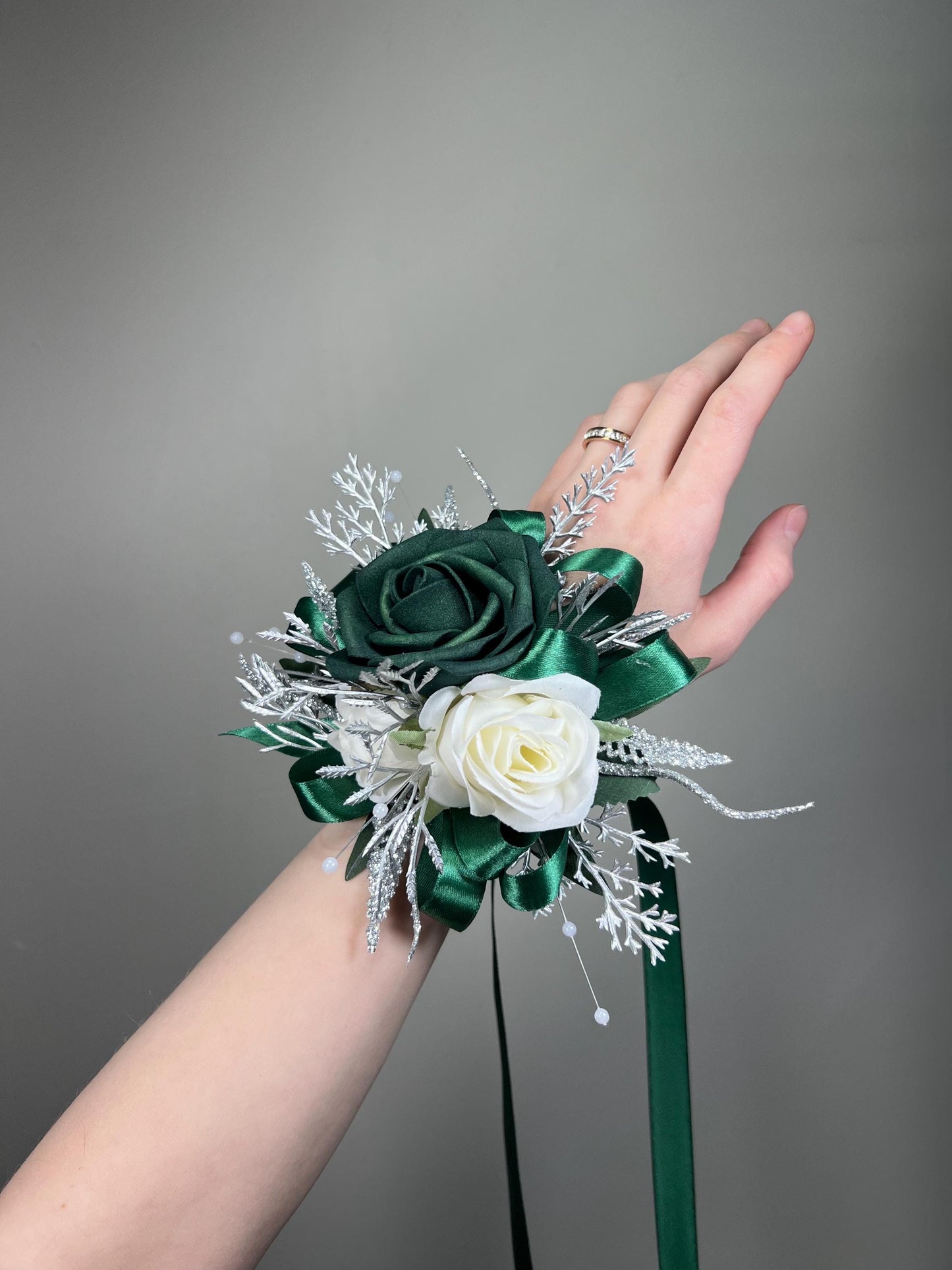 Emerald Green Boutonnière Wedding White Metallic Silver Groom Hunter Green Emerald Groomsmen Sparkly Prom Boutonnière Dark Green Rose