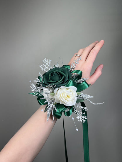 Emerald Green Boutonnière Wedding White Metallic Silver Groom Hunter Green Emerald Groomsmen Sparkly Prom Boutonnière Dark Green Rose