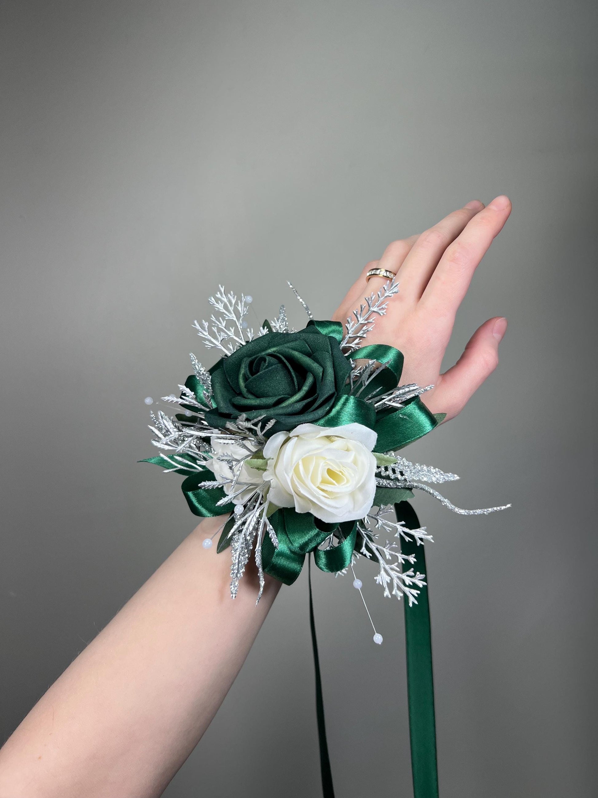 Emerald Green Corsage Wedding White Metallic Silver Hunter Green Dark Wrist Bridesmaids Sparkly Corsage Prom with Ribbon Artificial Flowers