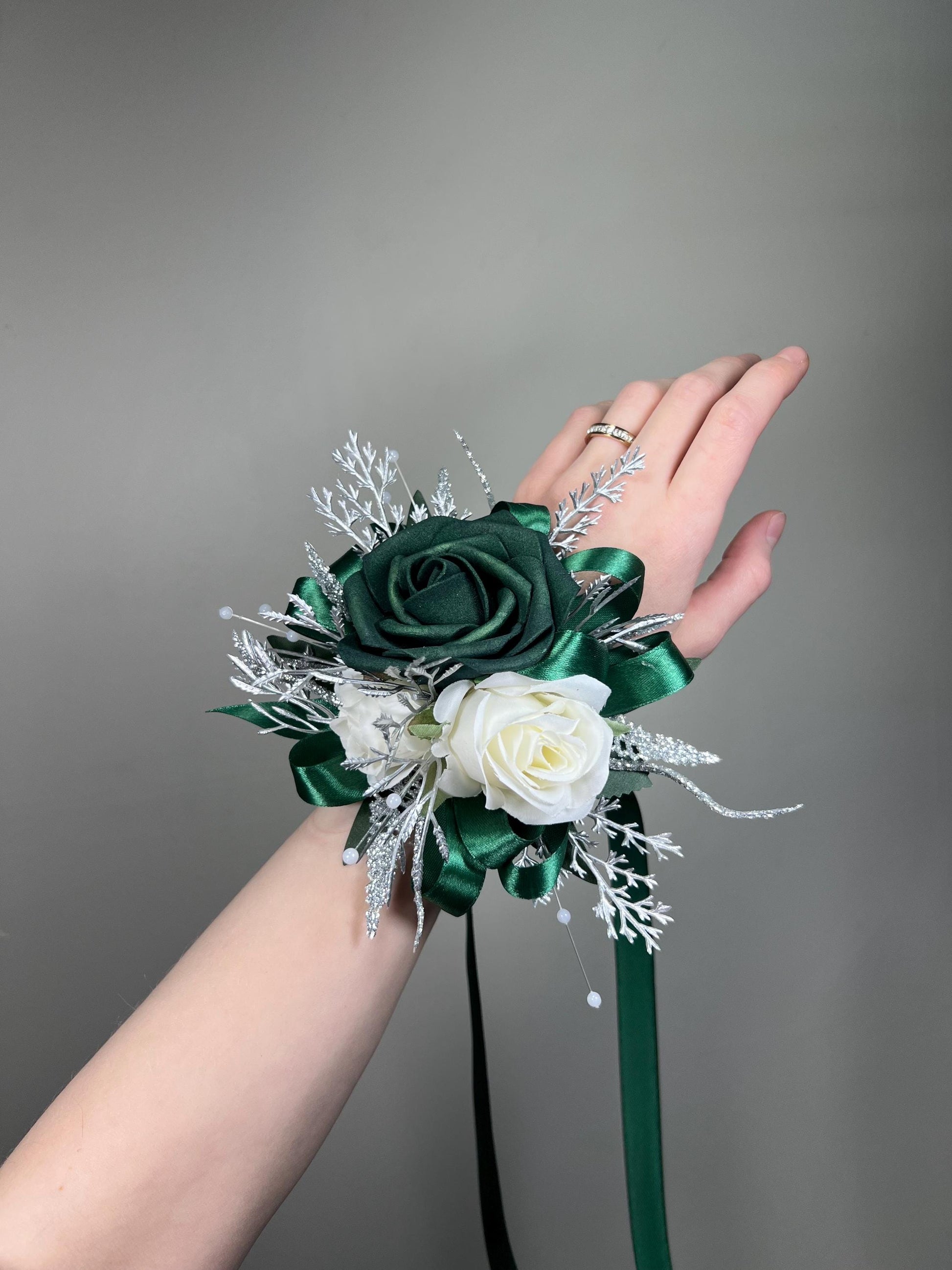Emerald Green Corsage Wedding White Metallic Silver Hunter Green Dark Wrist Bridesmaids Sparkly Corsage Prom with Ribbon Artificial Flowers