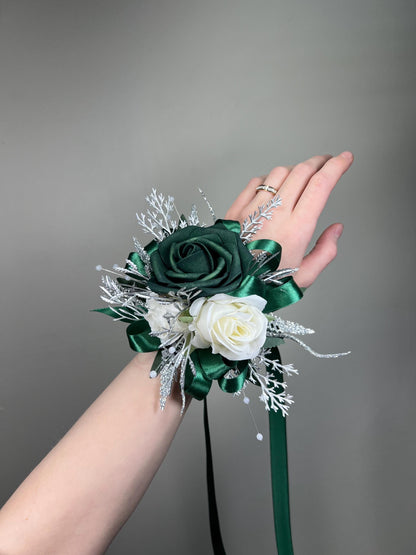 Emerald Green Corsage Wedding White Metallic Silver Hunter Green Dark Wrist Bridesmaids Sparkly Corsage Prom with Ribbon Artificial Flowers
