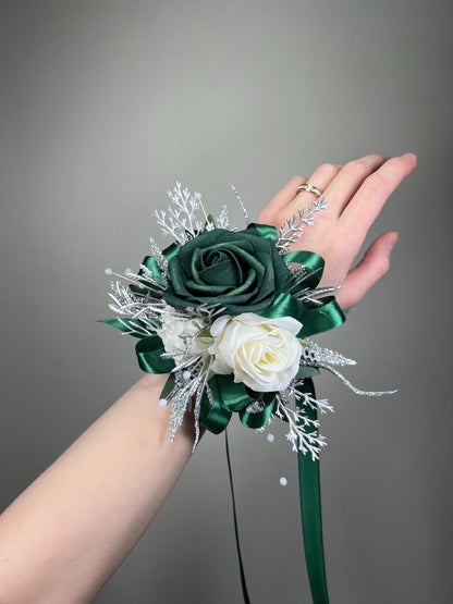 Emerald Green Corsage Wedding White Metallic Silver Hunter Green Dark Wrist Bridesmaids Sparkly Corsage Prom with Ribbon Artificial Flowers