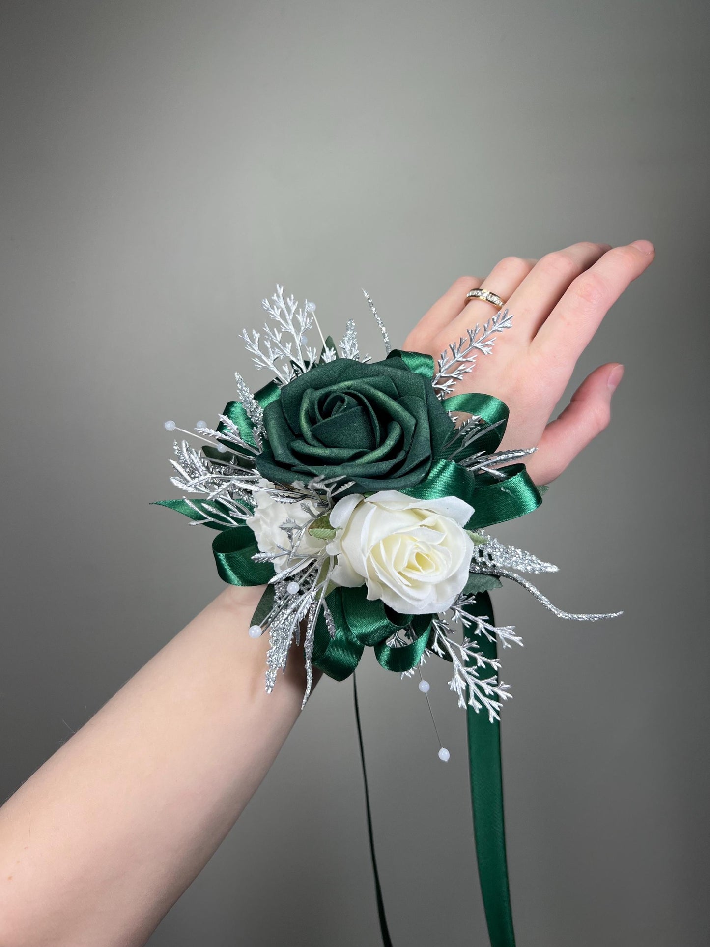 Emerald Green Boutonnière Wedding White Metallic Silver Groom Hunter Green Emerald Groomsmen Sparkly Prom Boutonnière Dark Green Rose