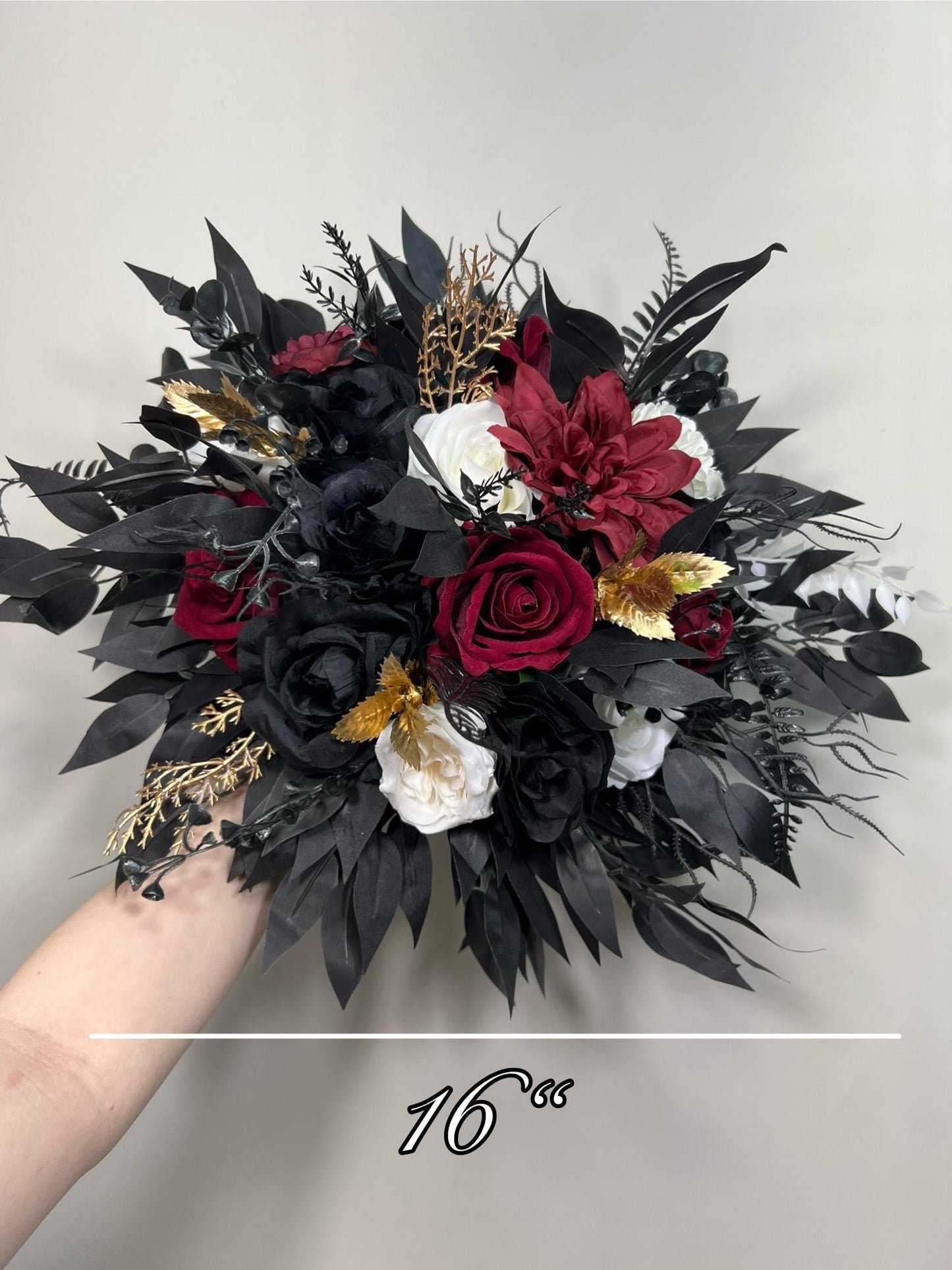 Black Burgundy Bouquet, Wedding Bridal Gothic Black White Gold Burgundy Bouquet