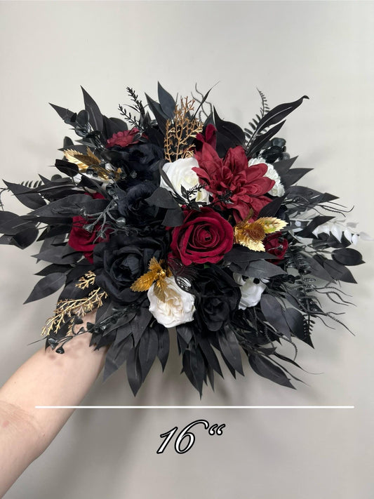 Black Burgundy Bouquet, Wedding Bridal Gothic Black White Gold Burgundy Bouquet