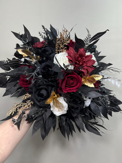 Black Burgundy Bouquet, Wedding Bridal Gothic Black White Gold Burgundy Bouquet