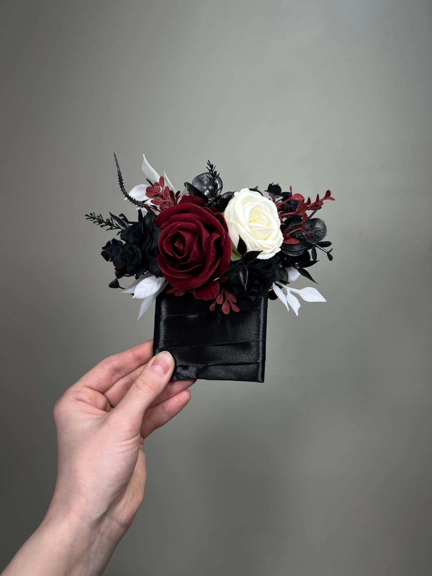 Black Burgundy Pocket Boutonniere, Wedding Gothic White Black Groom Groomsmen Square Boutonniere