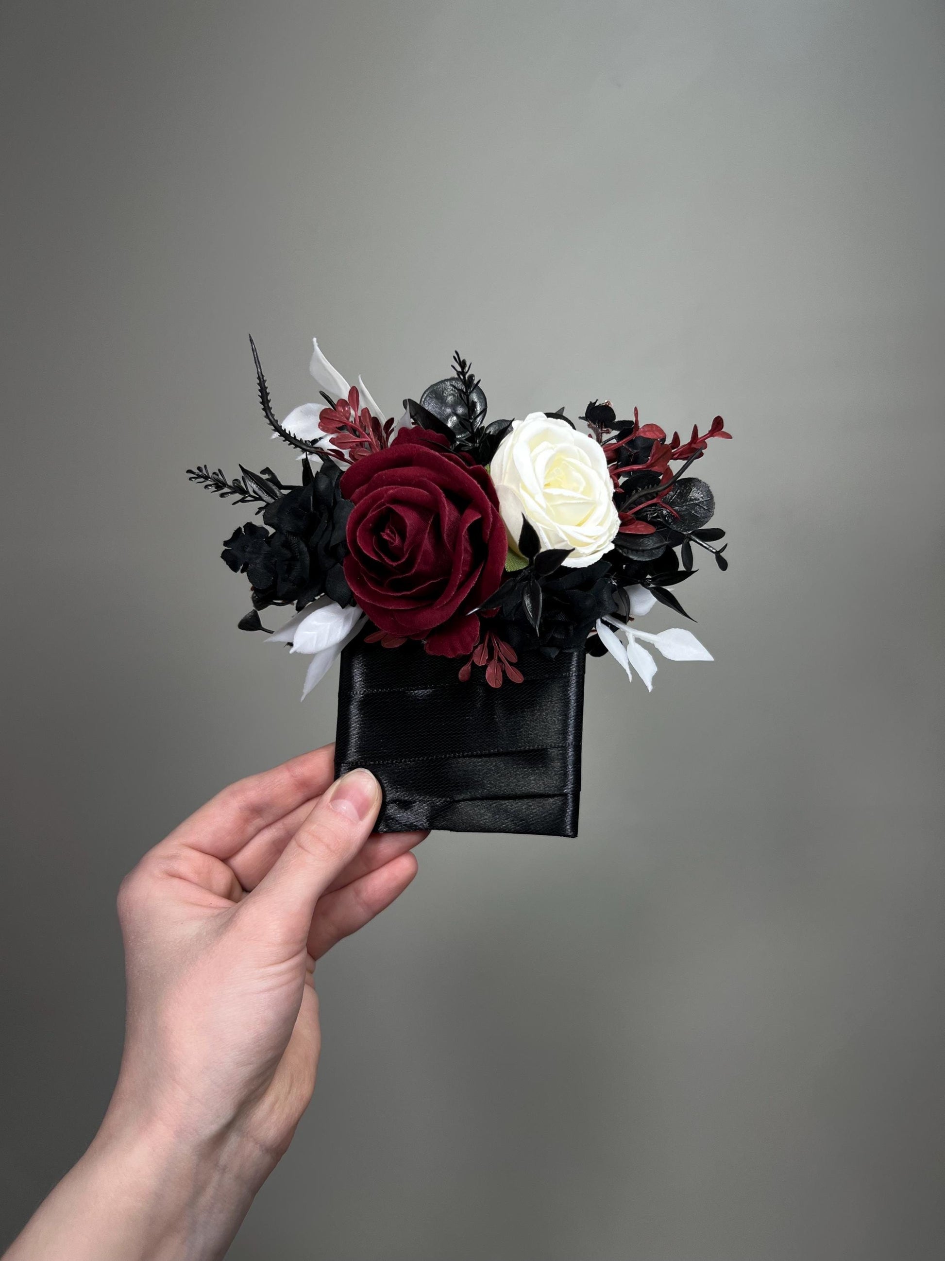 Black Burgundy Pocket Boutonniere, Wedding Gothic White Black Groom Groomsmen Square Boutonniere