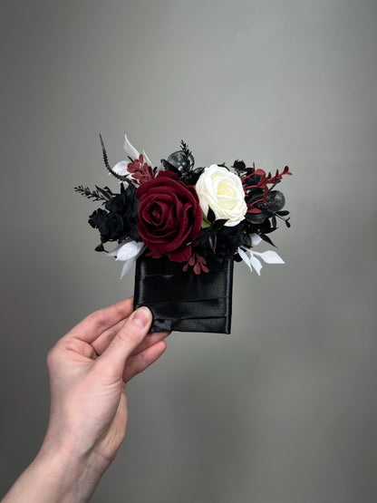 Black Burgundy Pocket Boutonniere, Wedding Gothic White Black Groom Groomsmen Square Boutonniere