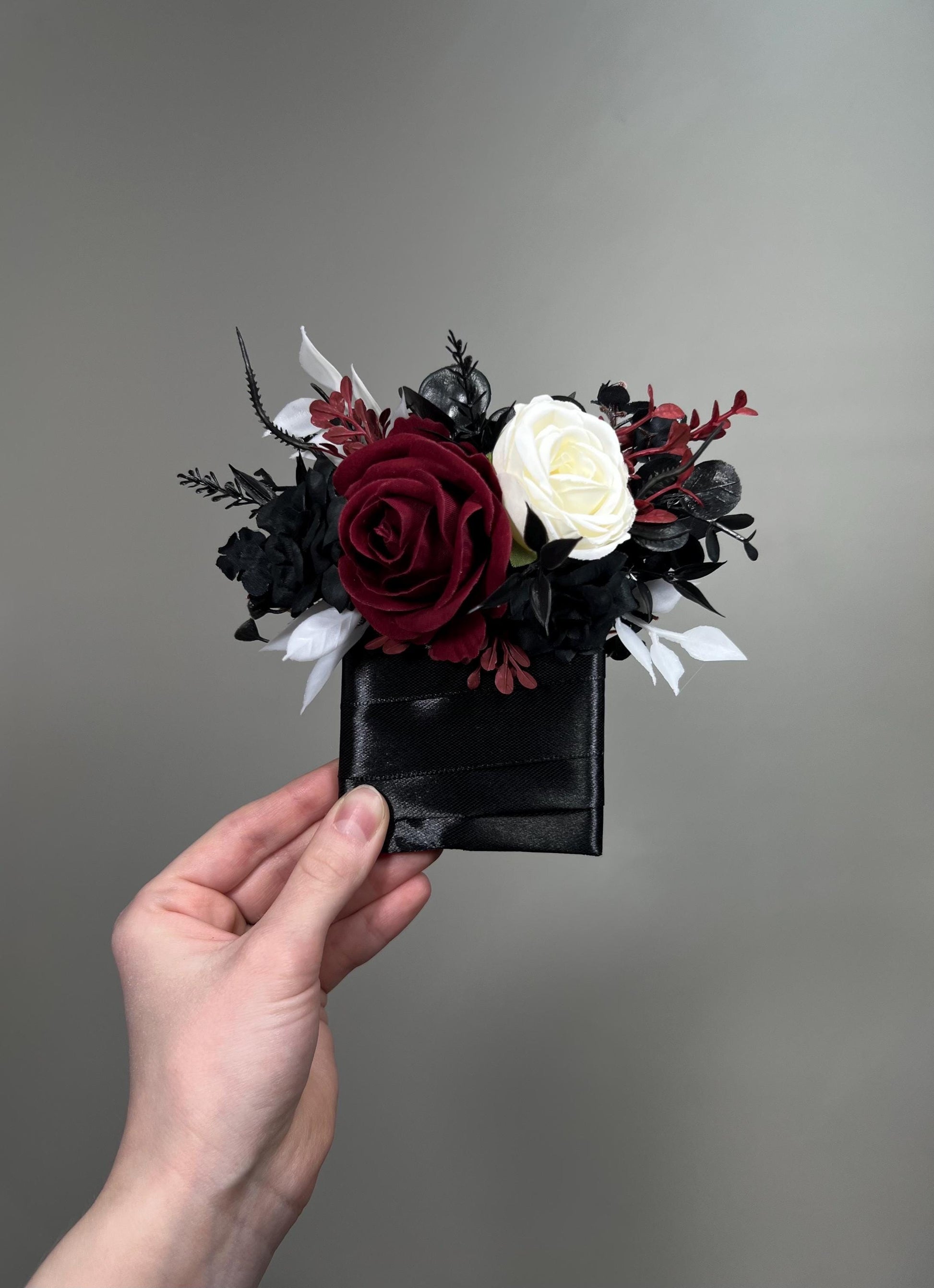 Black Burgundy Pocket Boutonniere, Wedding Gothic White Black Groom Groomsmen Square Boutonniere